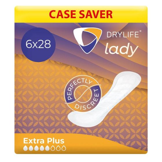 Drylife Lady Extra Plus Premium Thin Incontinence Pads - Case - 6 Packs of 28 