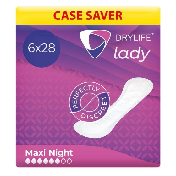 Drylife Lady Maxi Night Premium Thin Incontinence Pads - Case - 6 Packs of 28 