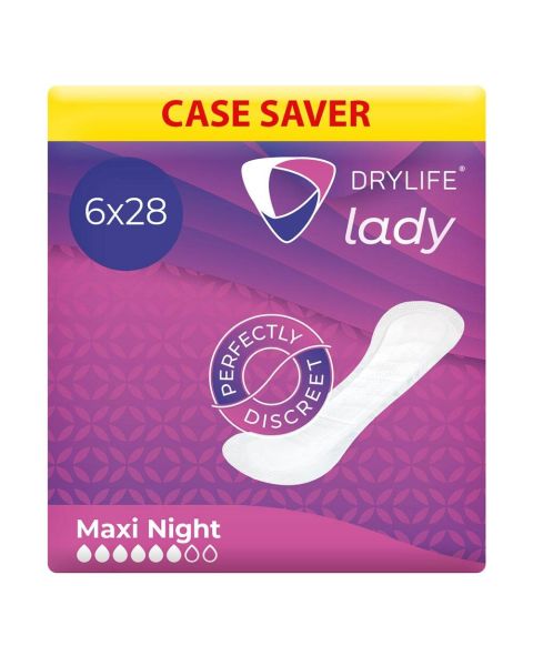 Drylife Lady Maxi Night Premium Thin Incontinence Pads - Case - 6 Packs of 28 