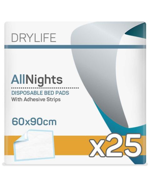 Drylife All Nights Disposable Bed Pads - With Adhesive Strips - 60cm x 90cm - Pack of 25 